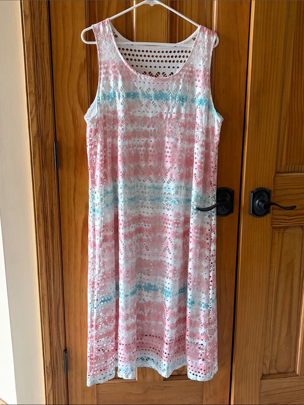 Sleeveless Pink and Aqua Tie-Dye Eyelet Midi Dress
